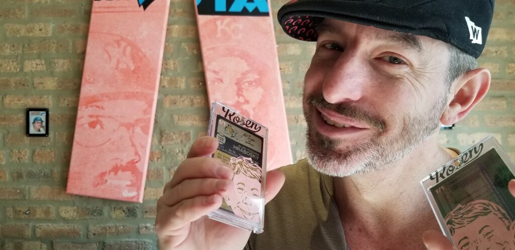 Matthew Rosen (aka Matthew Lee Rosen) showing off his mini Baseball Card Art Collector Cards